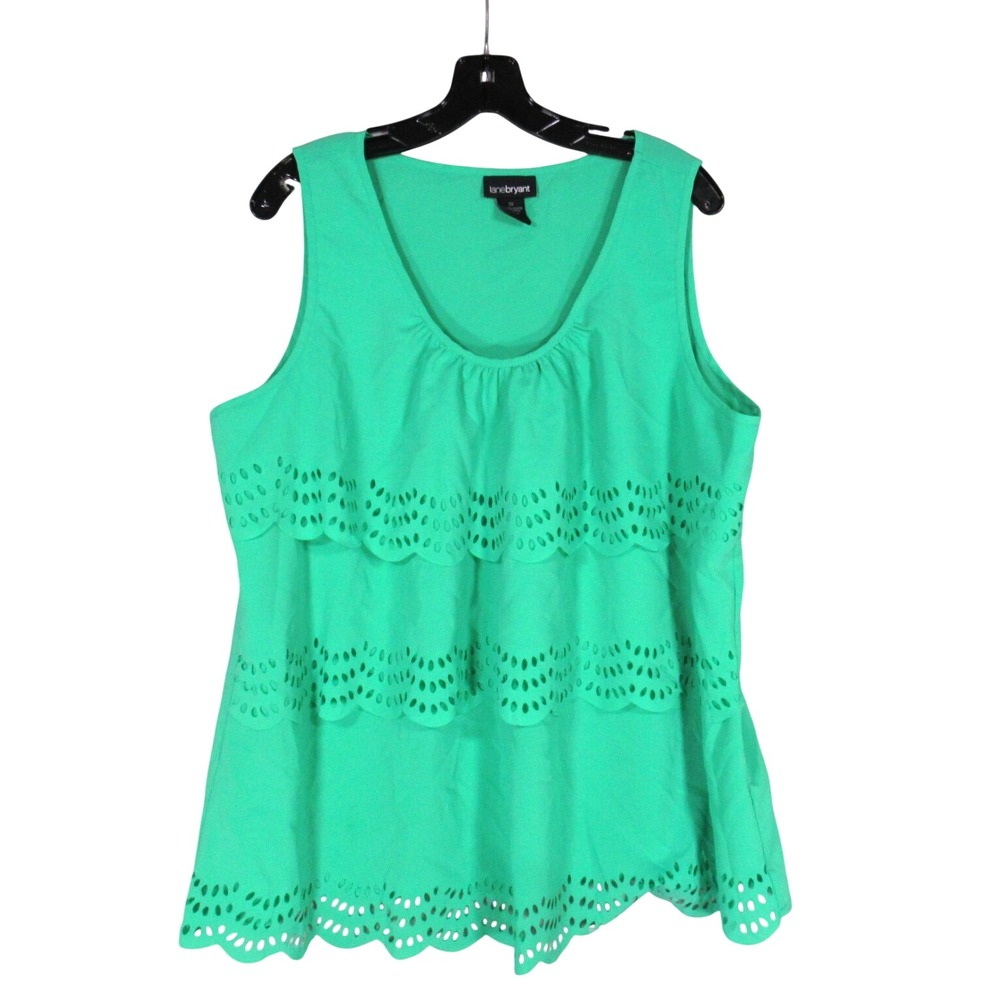 LANE BRYANT Green SATIN Sleeveless EYELET RUFFLES LAYERES Blouse/Tank Top Sz 20